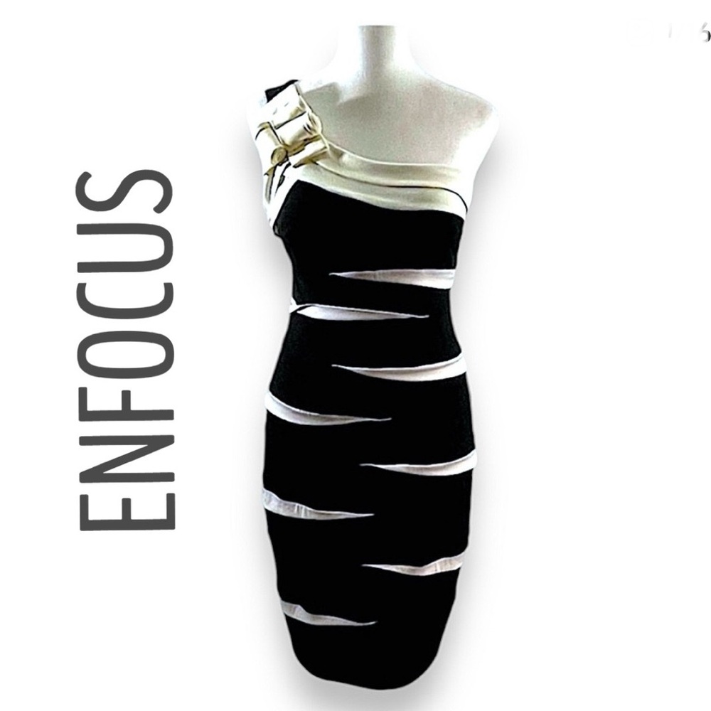 ENFOCUS Dramatic Black & Ivory One Shoulder Hollywood Vibe Cocktail Dress SZ 6